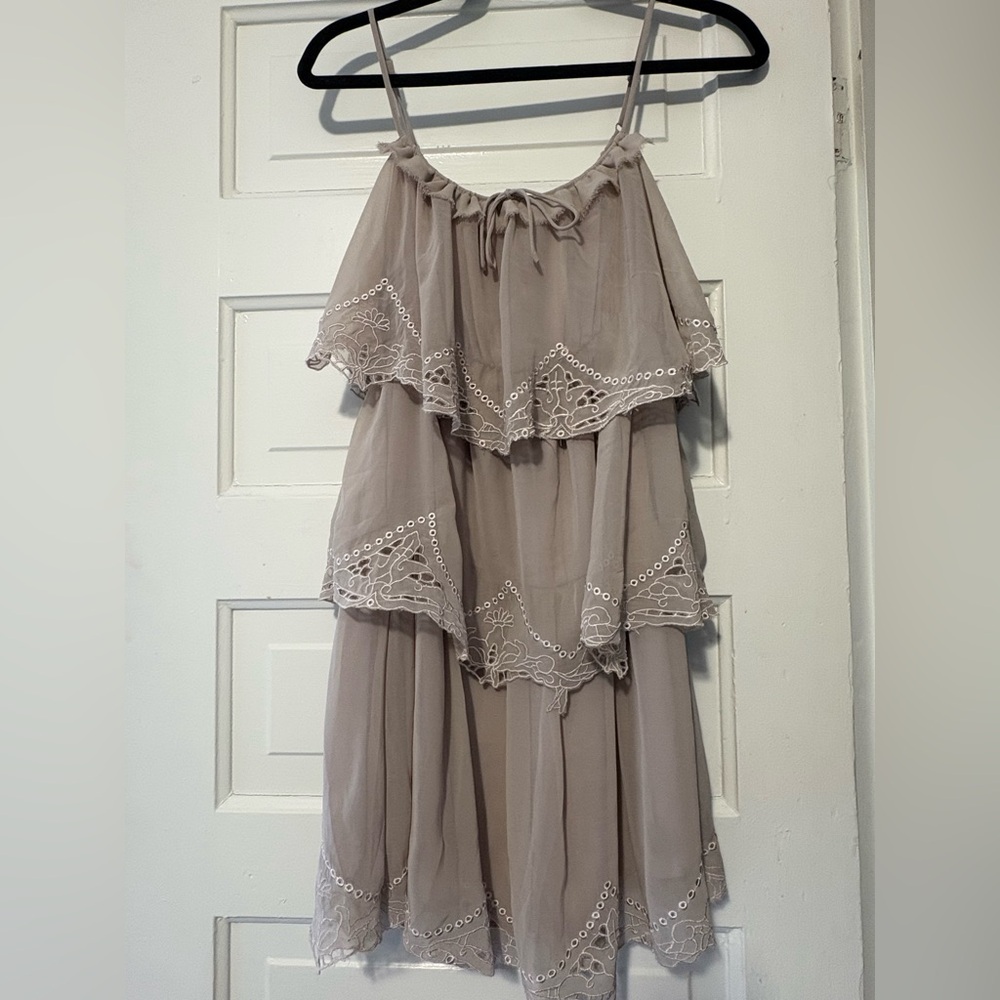 Alythea Layered Lace Mini Dress in Taupe, Small